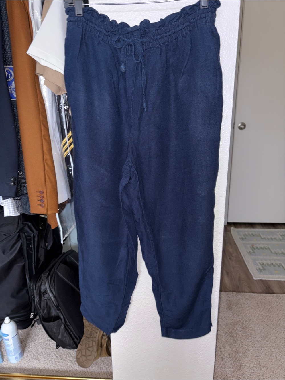 H&M Navy Drawstring Linen-Blend Joggers